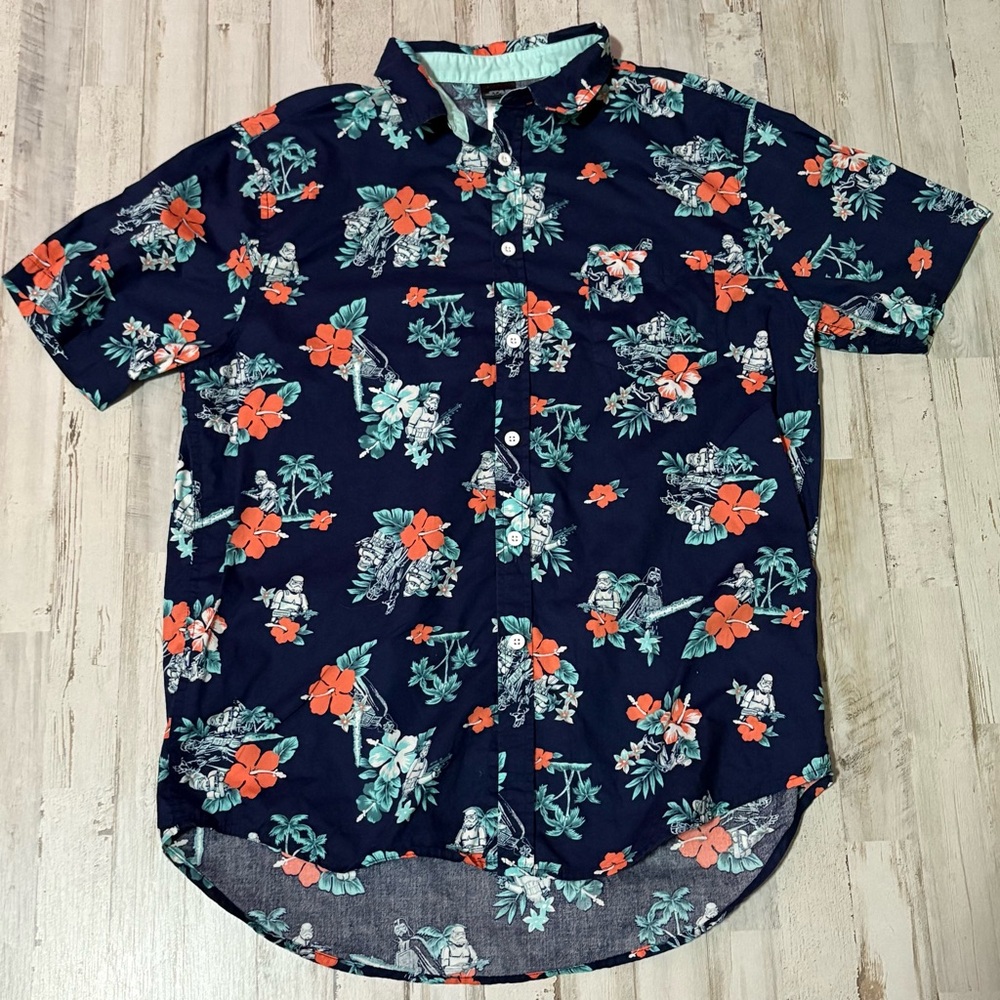 Star Wars Mens Blue Hawaiian Button Up Storm Trooper Vader Empire Size M